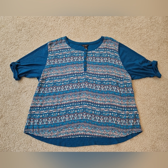 Bit & Bridle Tops - Bit & Bridle Women's Size 3x Teal and White Aztec Patterned Blouse